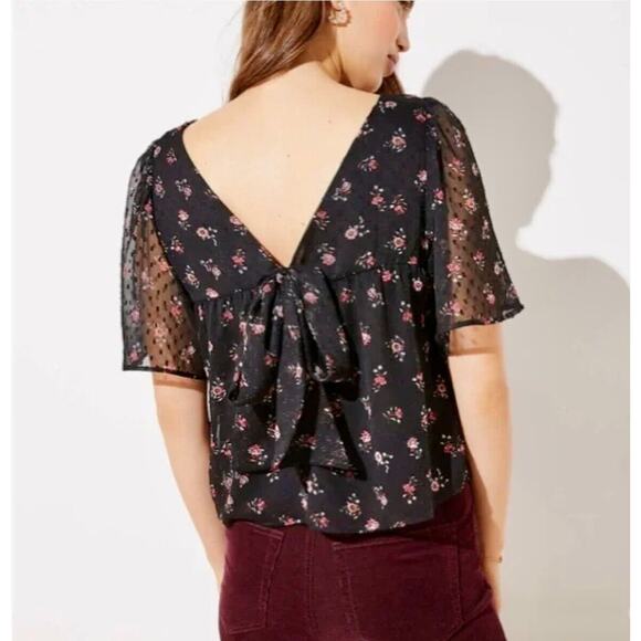 Loft Cute Black Floral Print Round Neck Short Sleeve V-Back With Ties Blouse XXS - Picture 2 of 11